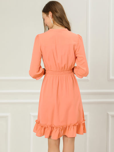 Ruffle Hem 3/4 Sleeve A-Line Smocked Midi Chiffon Dress