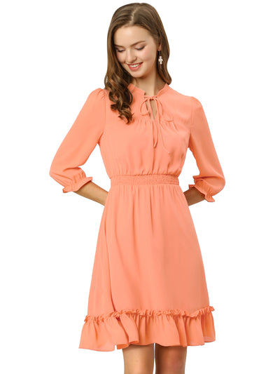 Ruffle Hem 3/4 Sleeve A-Line Smocked Midi Chiffon Dress