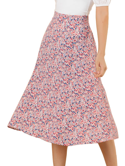 Floral Peasant Elastic Waist A-Line Ditsy Leave Midi Skirt