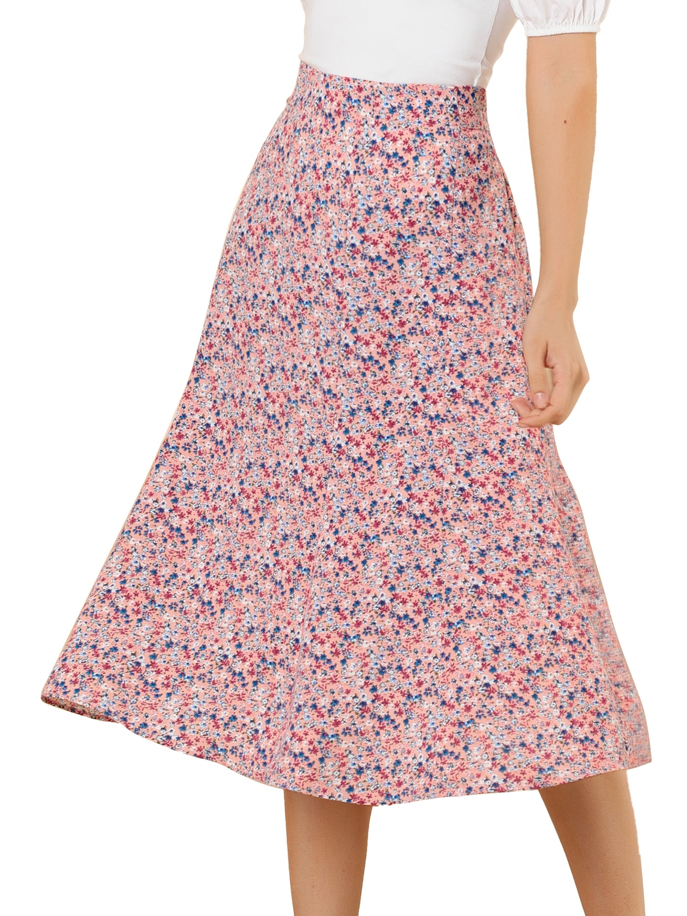 Allegra K Floral Peasant Elastic Waist A-Line Ditsy Leave Midi Skirt