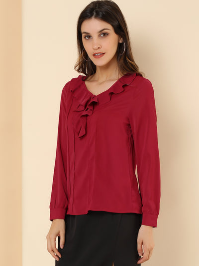 Ruffle Neck Pleated Business Casual Henley Button Up Peasant Blouse