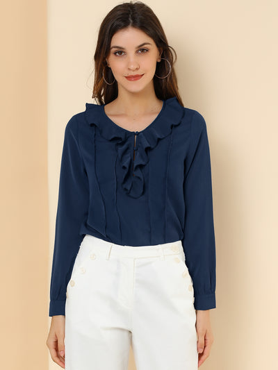 Ruffle Neck Pleated Business Casual Henley Button Up Peasant Blouse