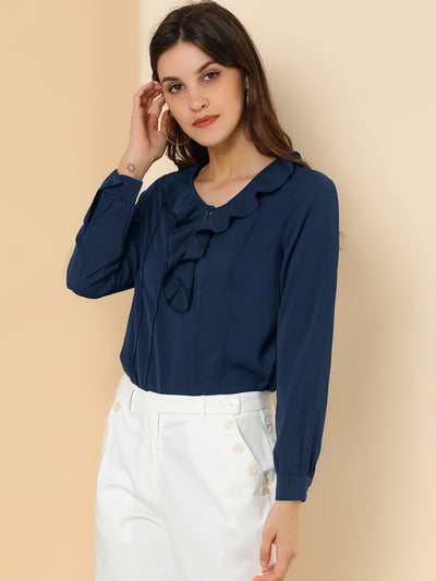 Ruffle Neck Pleated Business Casual Henley Button Up Peasant Blouse