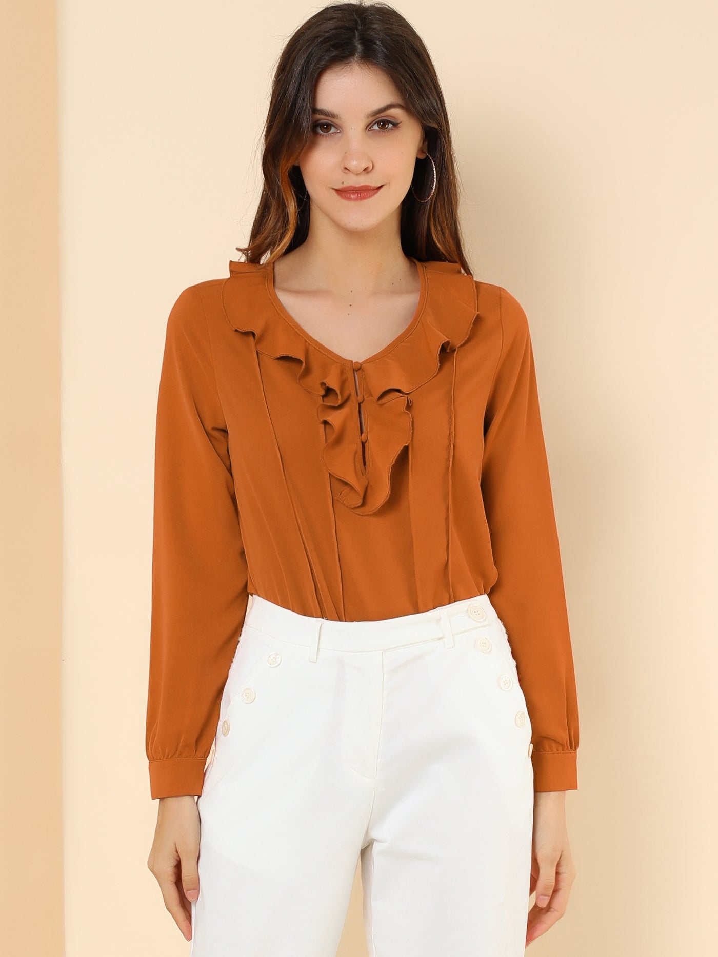 Allegra K Ruffle Neck Pleated Business Casual Henley Button Up Peasant Blouse