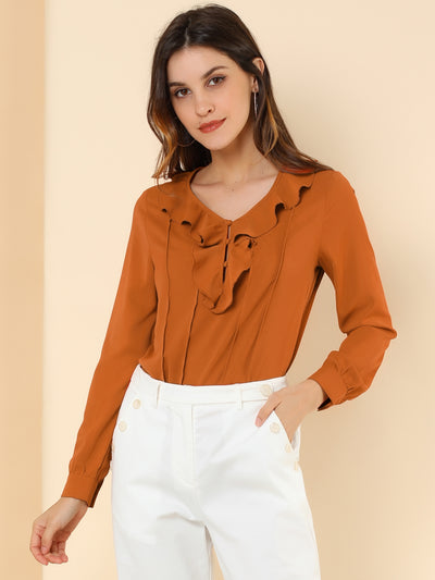 Ruffle Neck Pleated Business Casual Henley Button Up Peasant Blouse