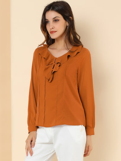 Ruffle Neck Pleated Business Casual Henley Button Up Peasant Blouse