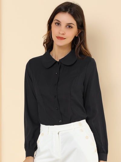 Button Up Peter Pan Collar Long Bishop Sleeve Blouse