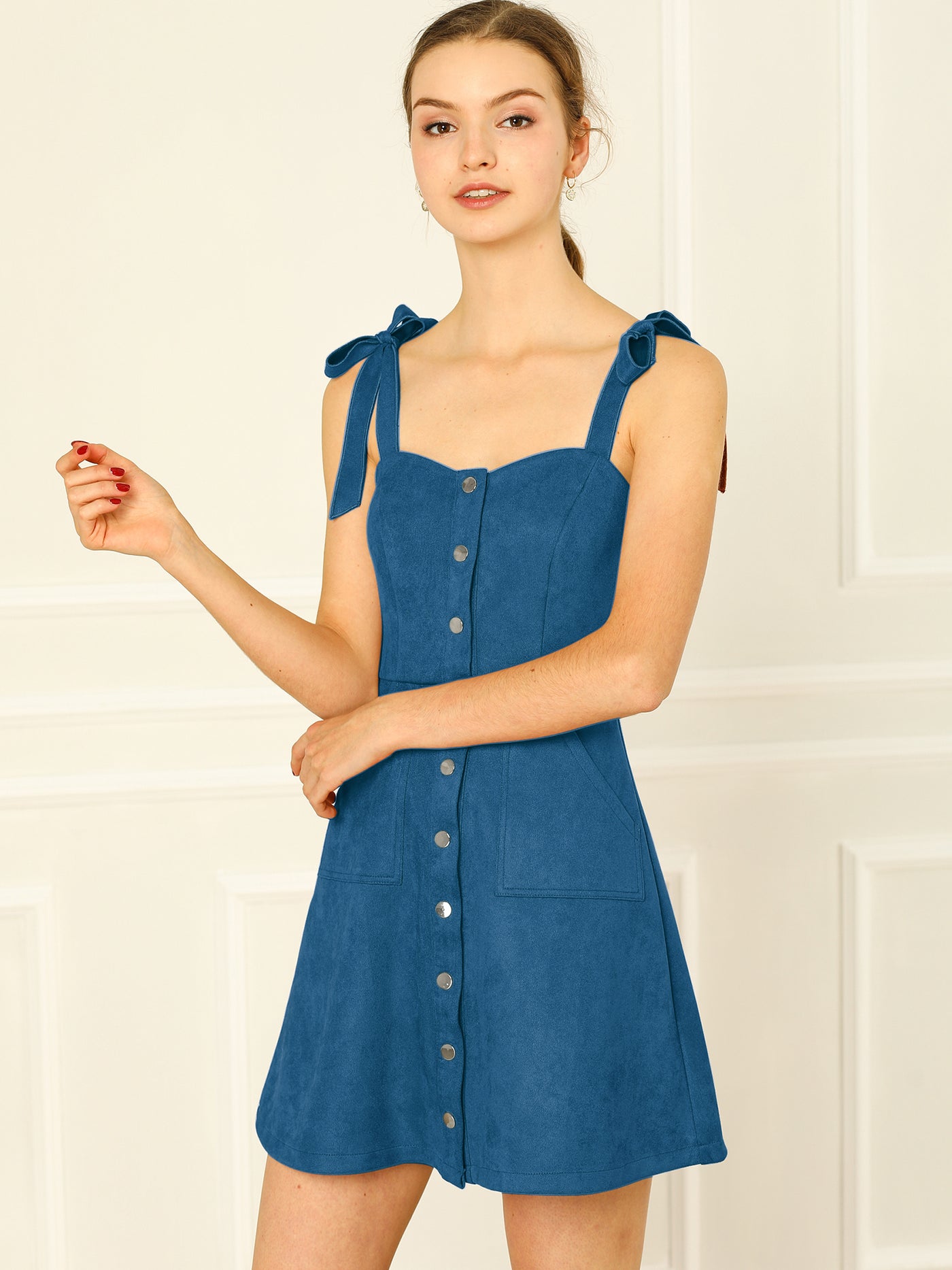 Allegra K Casual Pinafore Overall Button Down Sleeveless Faux Suede Dress