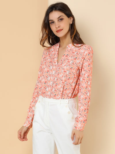 Chiffon Floral Tops V Neck Long Sleeve Button-Up Blouse Shirt