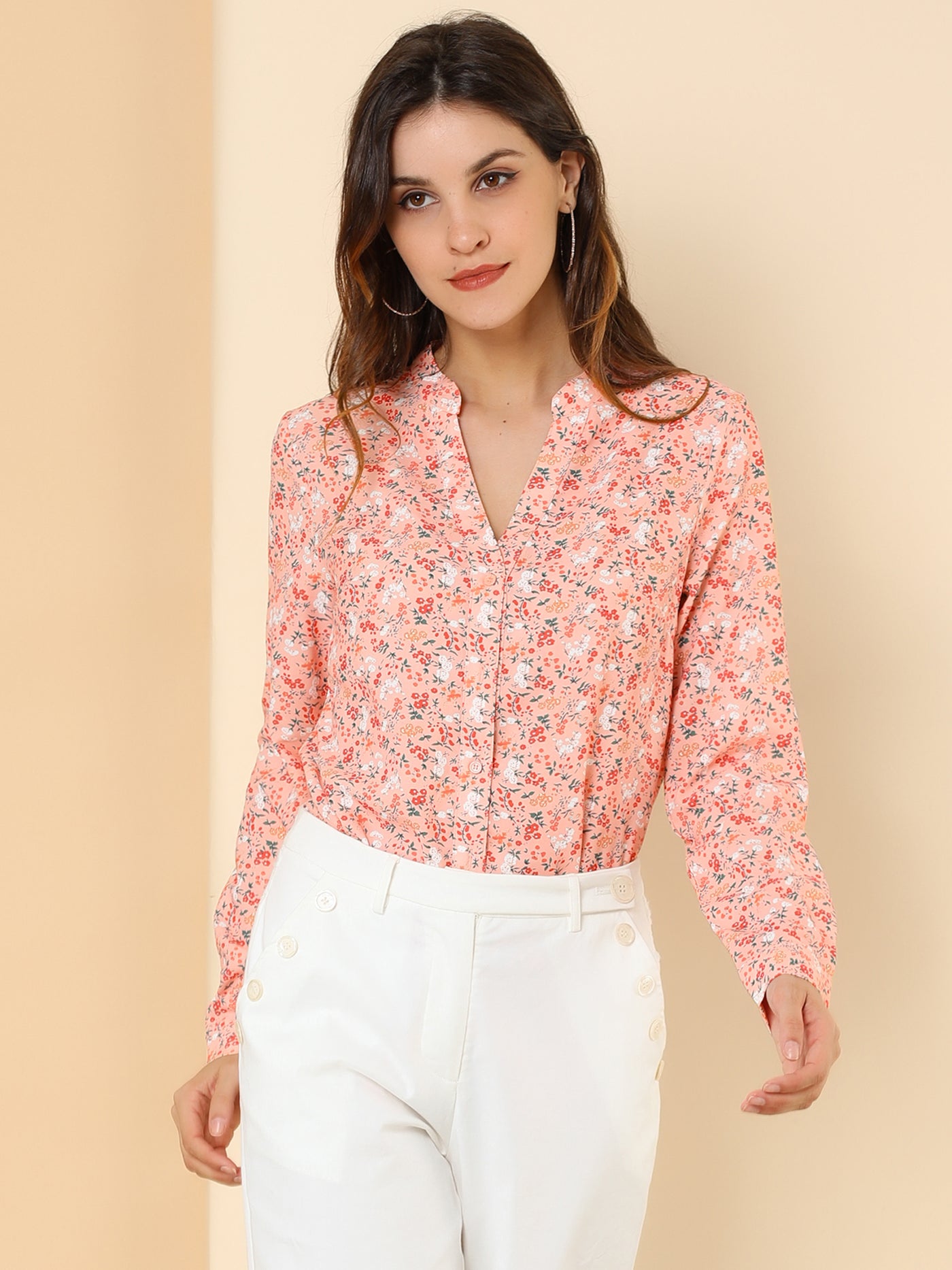 Allegra K Chiffon Floral Tops V Neck Long Sleeve Button-Up Blouse Shirt