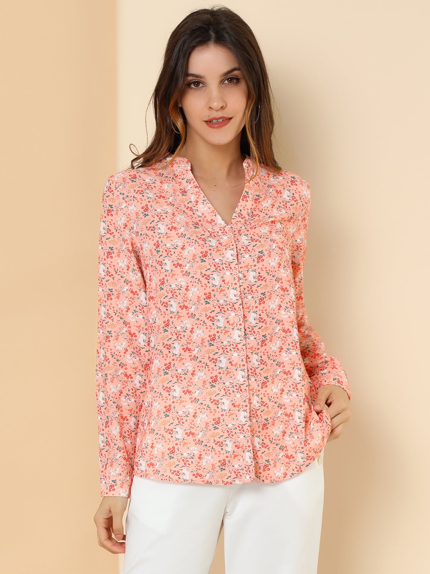 Allegra K Chiffon Floral Tops V Neck Long Sleeve Button-Up Blouse Shirt