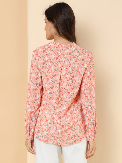 Chiffon Floral Tops V Neck Long Sleeve Button-Up Blouse Shirt