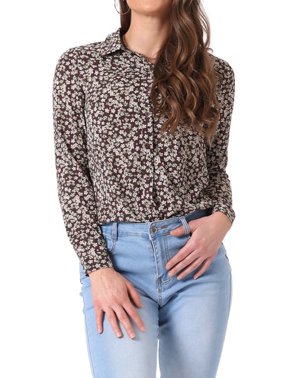 Button Down Floral Long Sleeve Point Collar Blouse