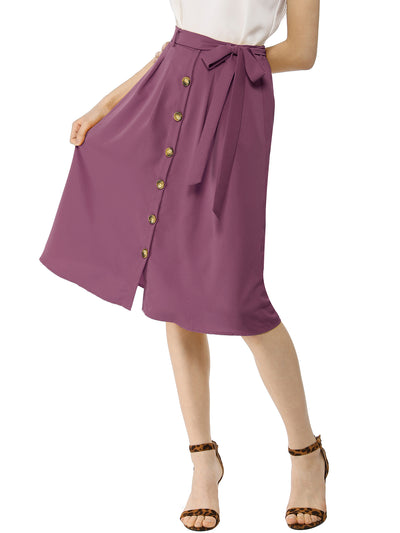 Button Front Casual High Waist Belted Midi Flare Skirt