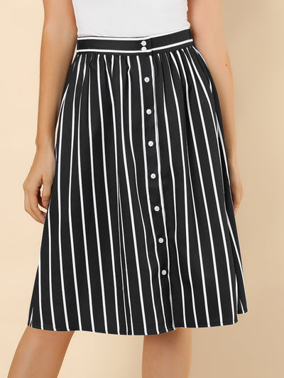 Striped Button Front Elastic Back Waist A-Line Midi Skirt