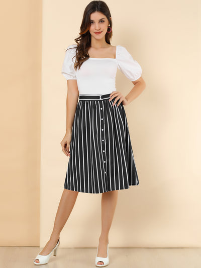 Striped Button Front Elastic Back Waist A-Line Midi Skirt