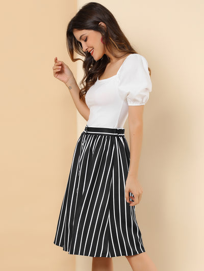 Striped Button Front Elastic Back Waist A-Line Midi Skirt