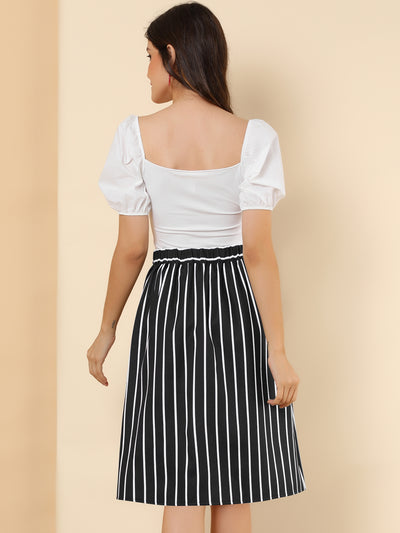 Striped Button Front Elastic Back Waist A-Line Midi Skirt