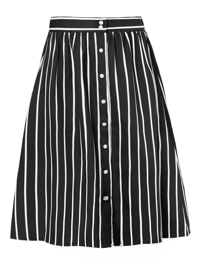 Striped Button Front Elastic Back Waist A-Line Midi Skirt