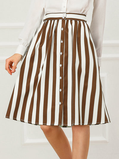 Striped Button Front Elastic Back Waist A-Line Midi Skirt