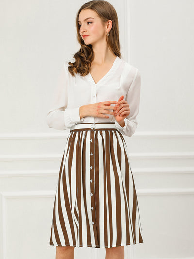 Striped Button Front Elastic Back Waist A-Line Midi Skirt