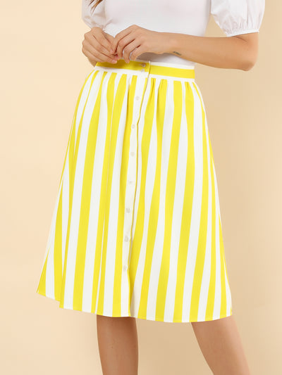 Striped Button Front Elastic Back Waist A-Line Midi Skirt