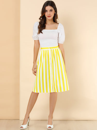 Striped Button Front Elastic Back Waist A-Line Midi Skirt