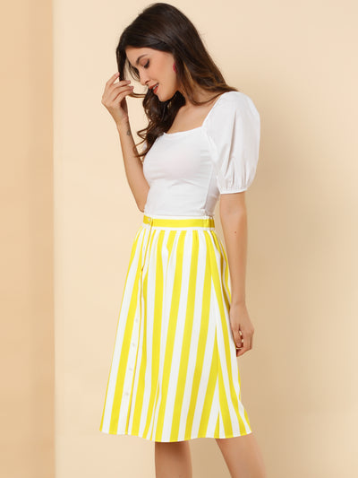 Striped Button Front Elastic Back Waist A-Line Midi Skirt