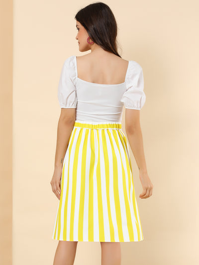 Striped Button Front Elastic Back Waist A-Line Midi Skirt