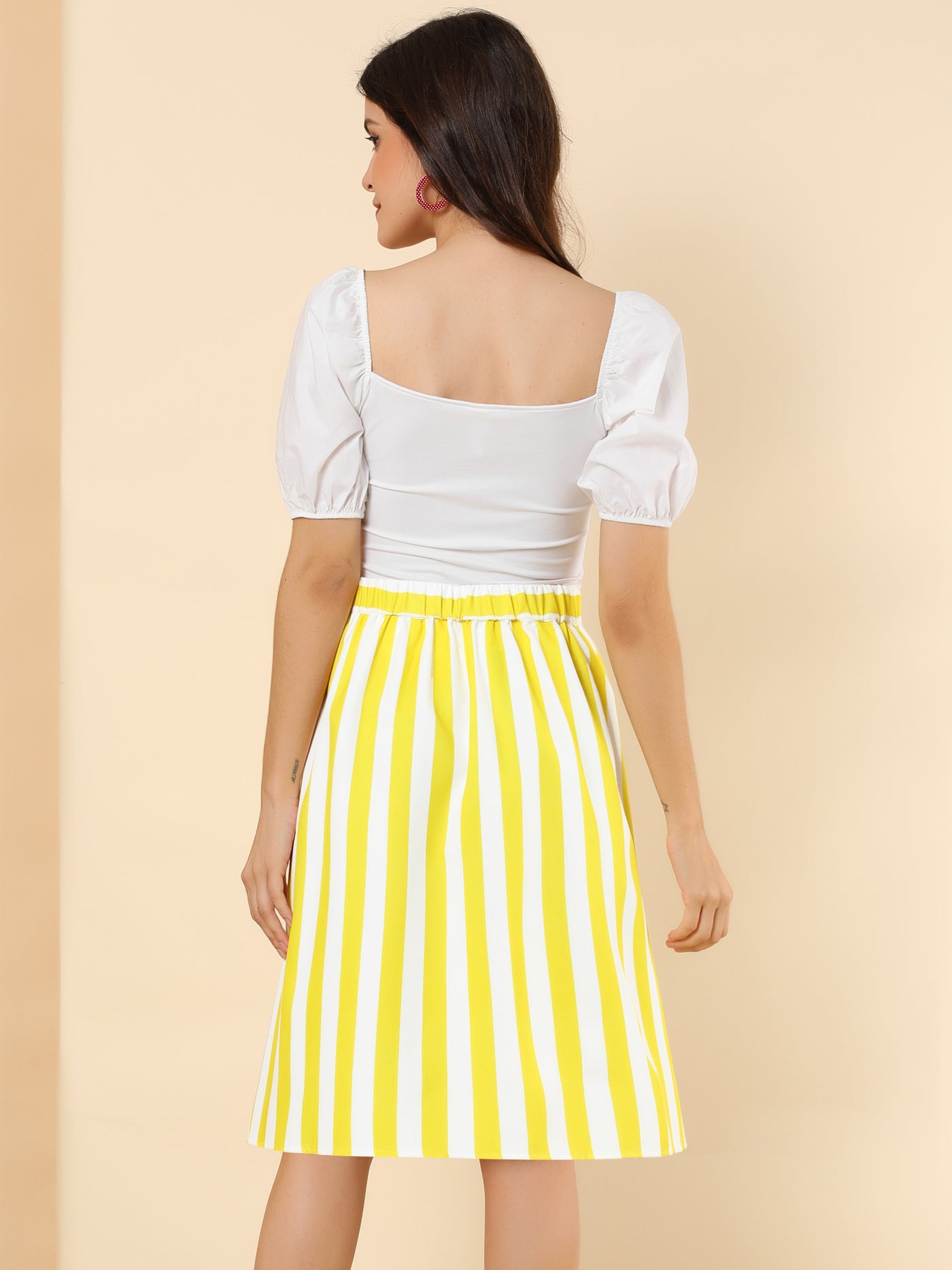 Allegra K Striped Button Front Elastic Back Waist A-Line Midi Skirt