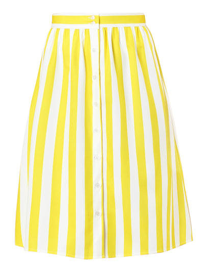 Striped Button Front Elastic Back Waist A-Line Midi Skirt