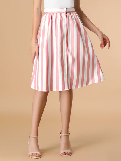 Striped Button Front Elastic Back Waist A-Line Midi Skirt