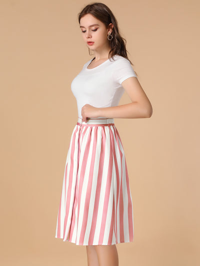 Striped Button Front Elastic Back Waist A-Line Midi Skirt