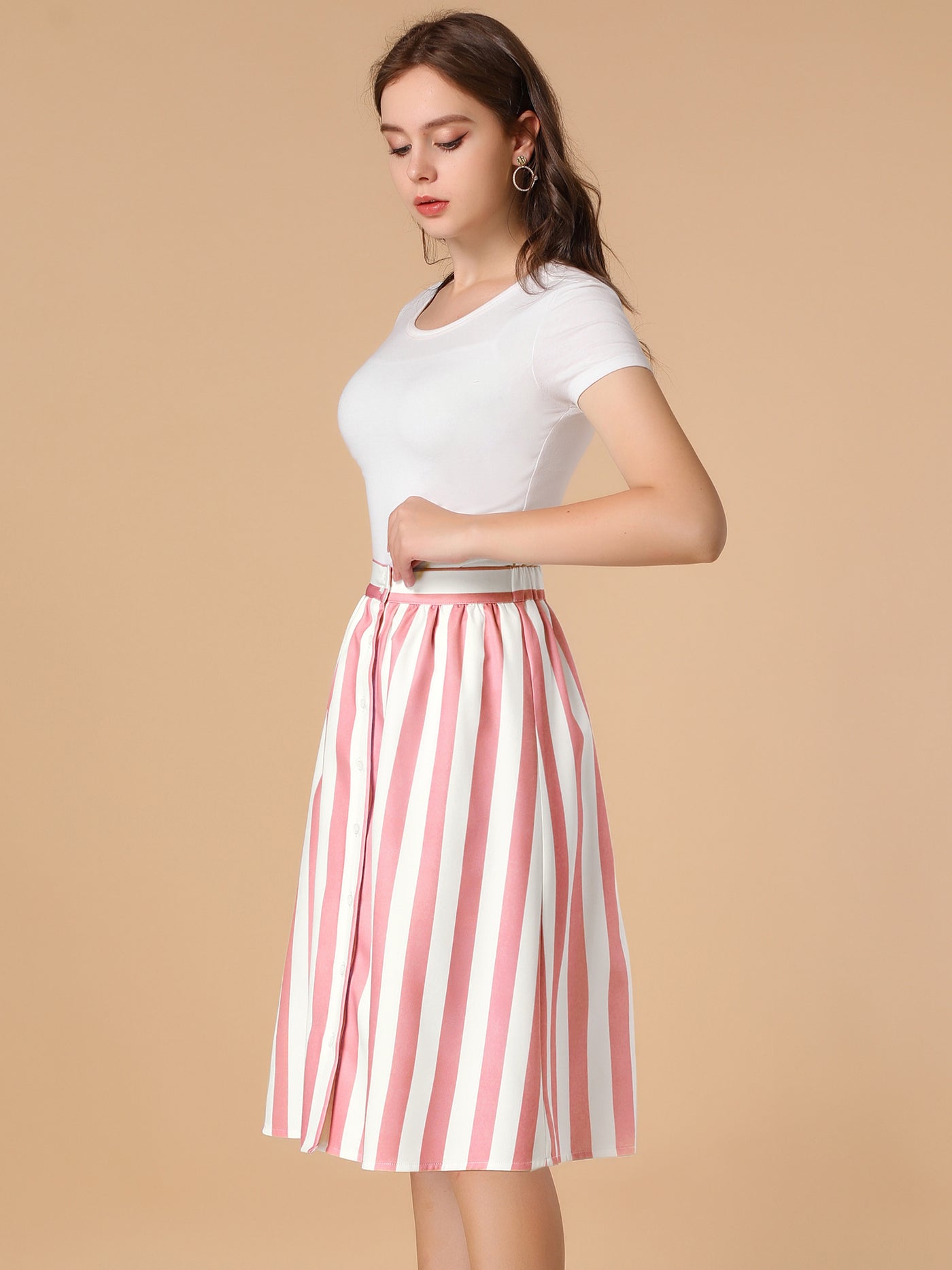 Allegra K Striped Button Front Elastic Back Waist A-Line Midi Skirt