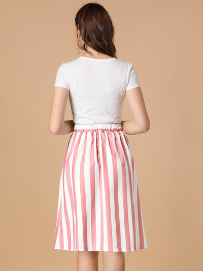 Striped Button Front Elastic Back Waist A-Line Midi Skirt