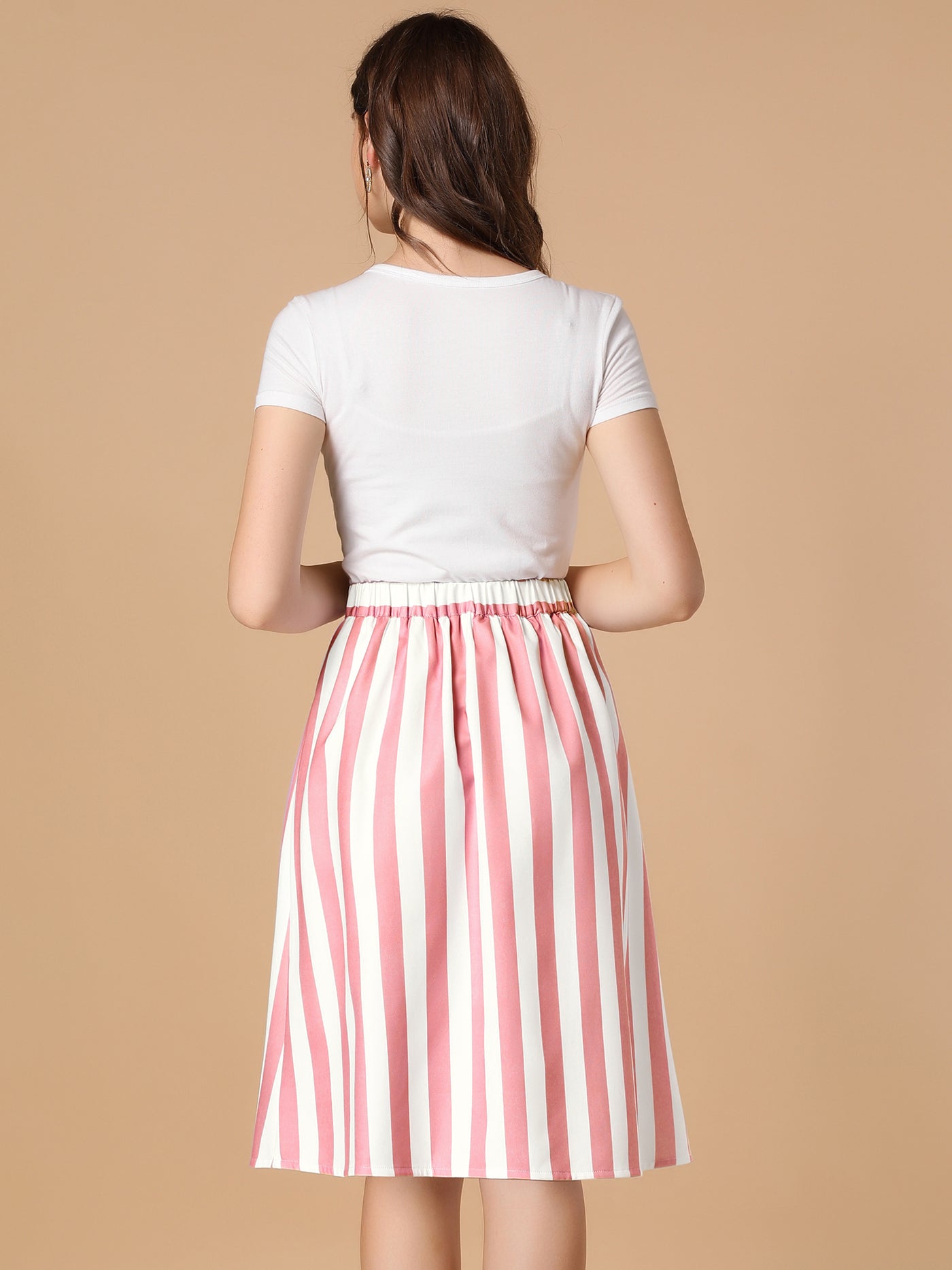 Allegra K Striped Button Front Elastic Back Waist A-Line Midi Skirt