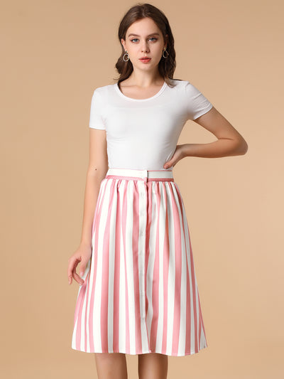 Striped Button Front Elastic Back Waist A-Line Midi Skirt