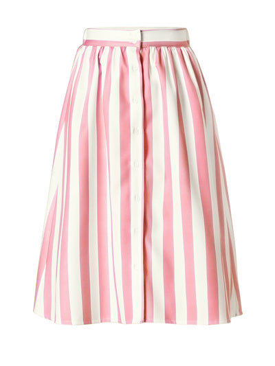 Striped Button Front Elastic Back Waist A-Line Midi Skirt