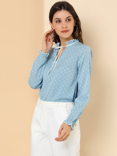 Bow Tie Neck Blouse Ruffled Collar Printed Long Sleeve Vintage Top