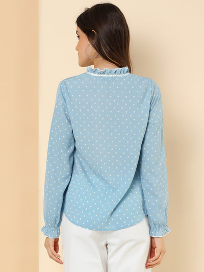 Bow Tie Neck Blouse Ruffled Collar Printed Long Sleeve Vintage Top