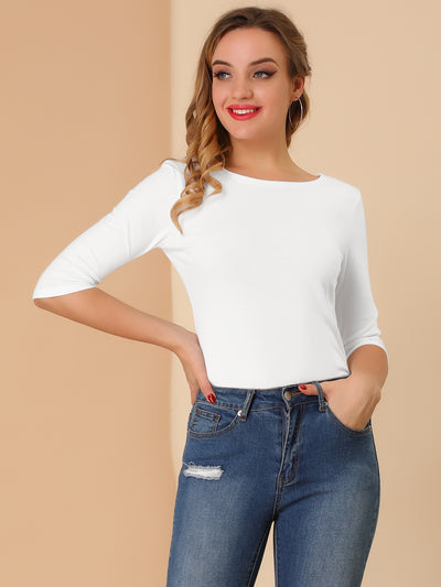 Casual Boat Neck Elbow Sleeve Solid Basic T-shirt