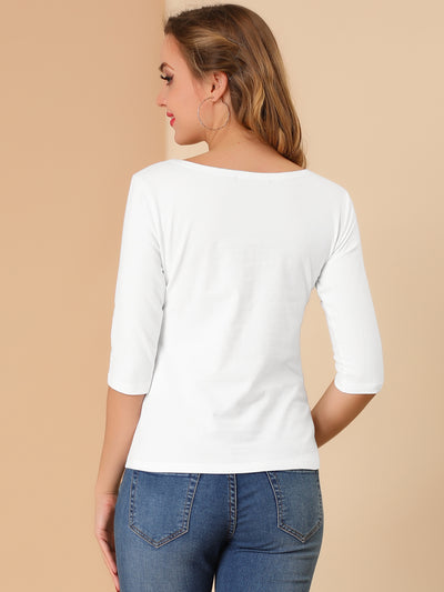 Casual Boat Neck Elbow Sleeve Solid Basic T-shirt