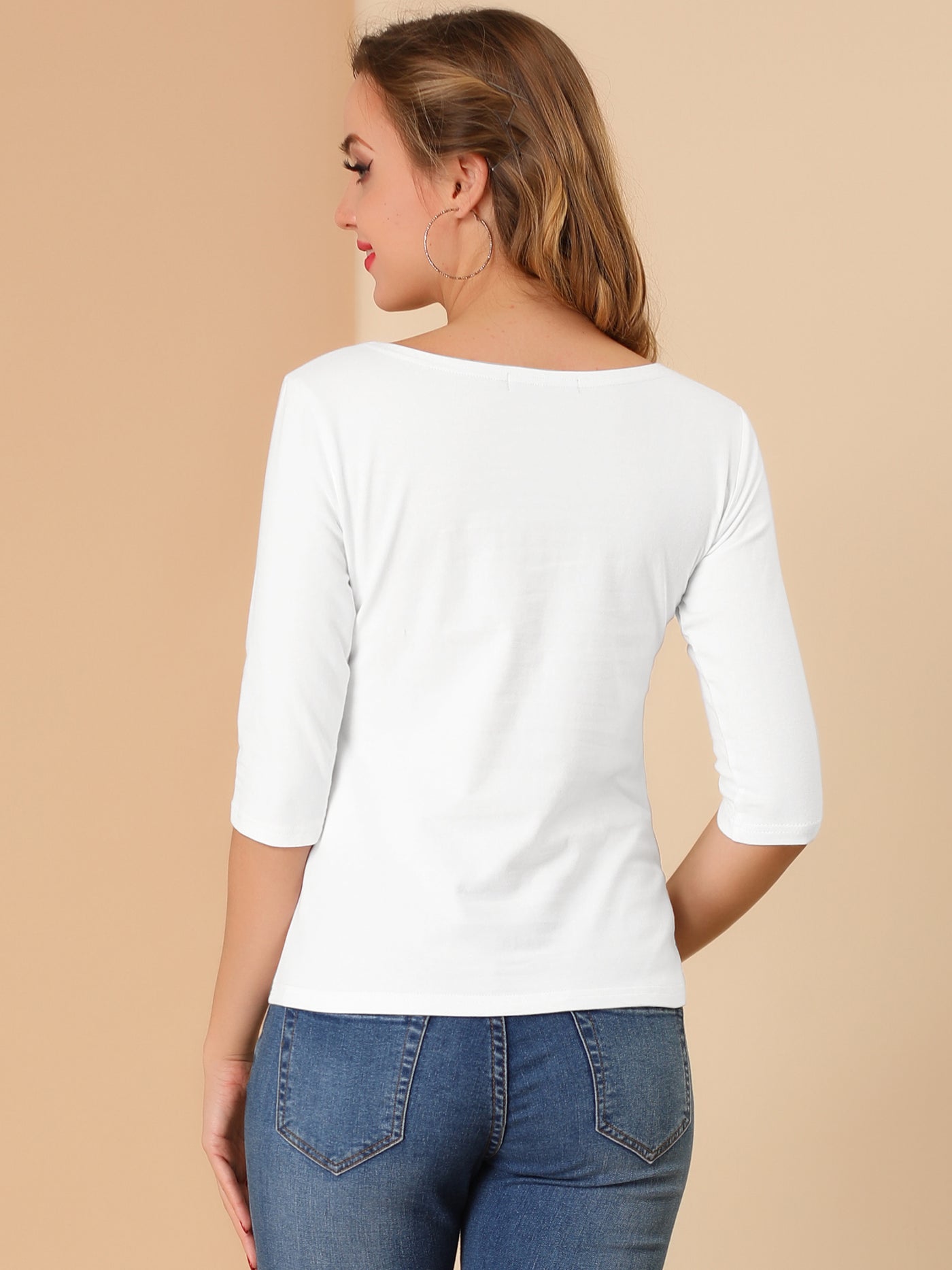 Allegra K Casual Boat Neck Elbow Sleeve Solid Basic T-shirt