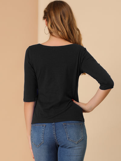 Casual Boat Neck Elbow Sleeve Solid Basic T-shirt