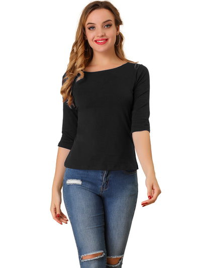 Casual Boat Neck Elbow Sleeve Solid Basic T-shirt