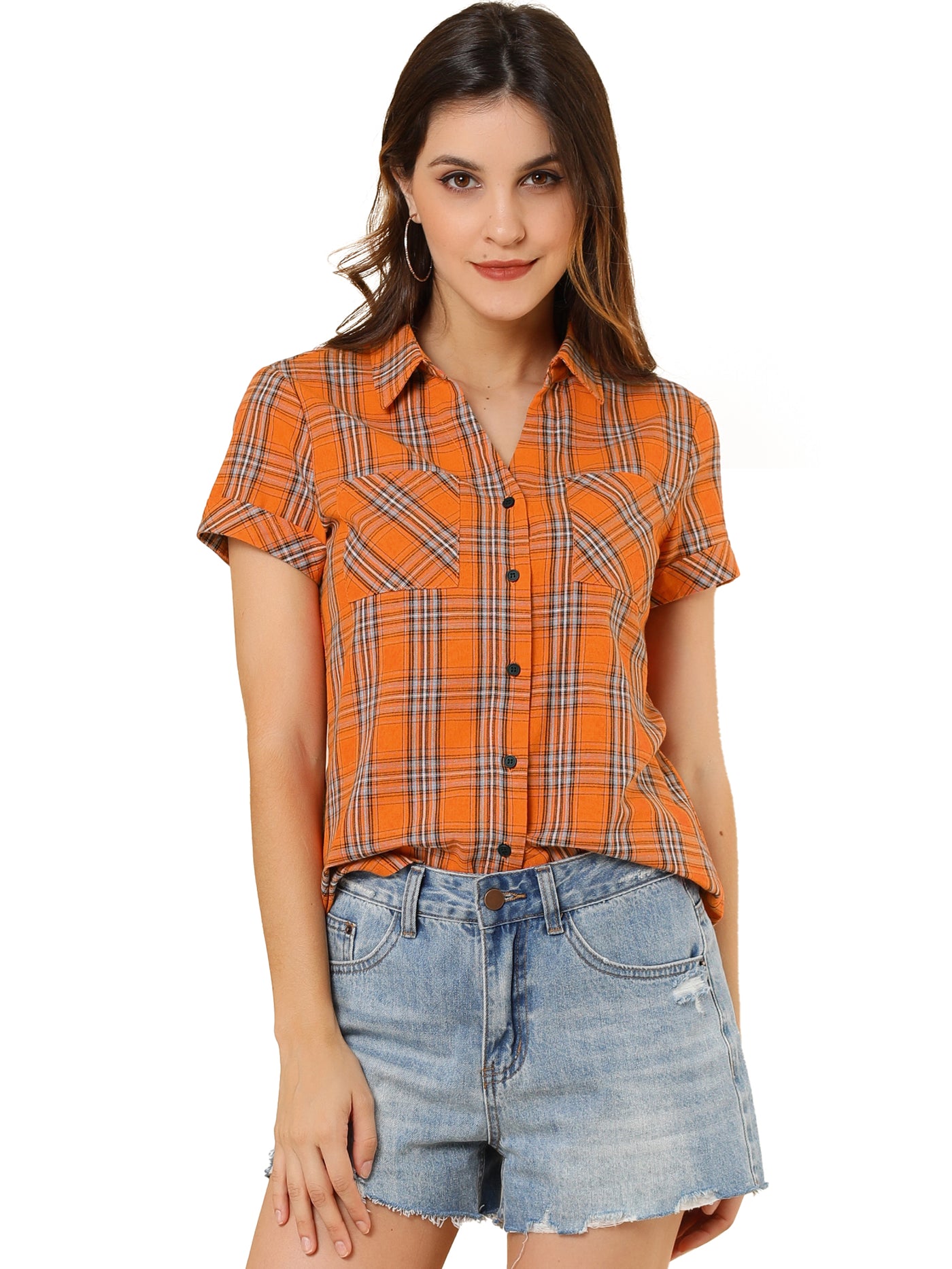 Allegra K Cotton Classic Button Down Plaid Short Sleeve Shirt