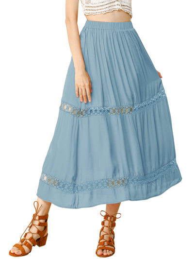 Long Elastic Waist Swing A-Line Lace Insert Maxi Skirt