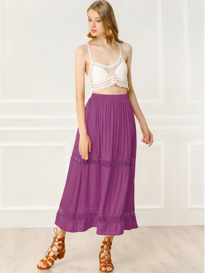 Long Elastic Waist Swing A-Line Lace Insert Maxi Skirt