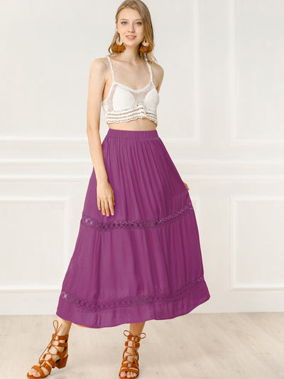 Long Elastic Waist Swing A-Line Lace Insert Maxi Skirt