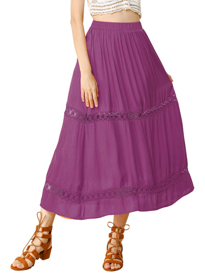 Long Elastic Waist Swing A-Line Lace Insert Maxi Skirt